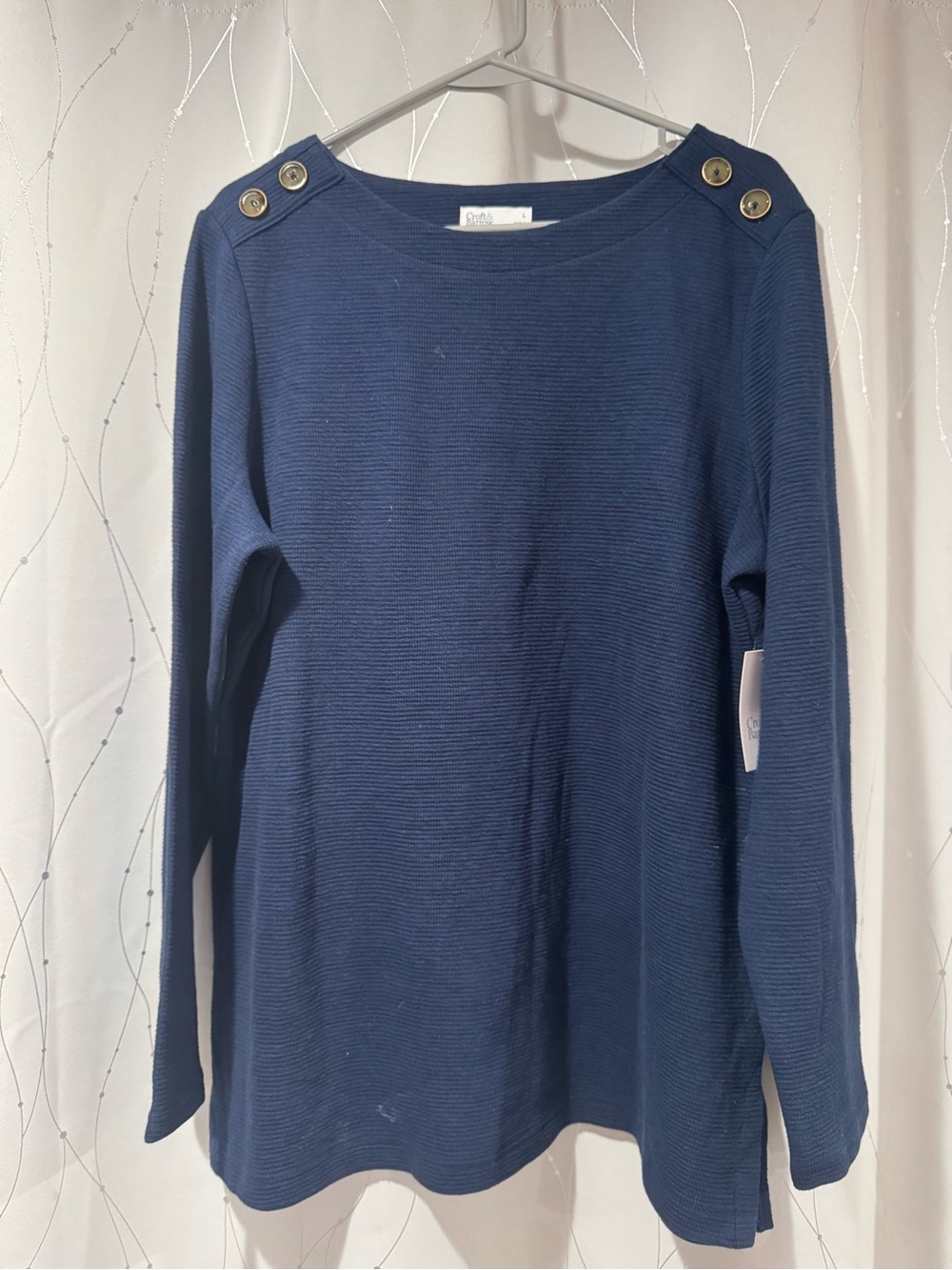 croft & barrow Navy Ribbed Boatneck long sleeve top with Shoulder Buttons